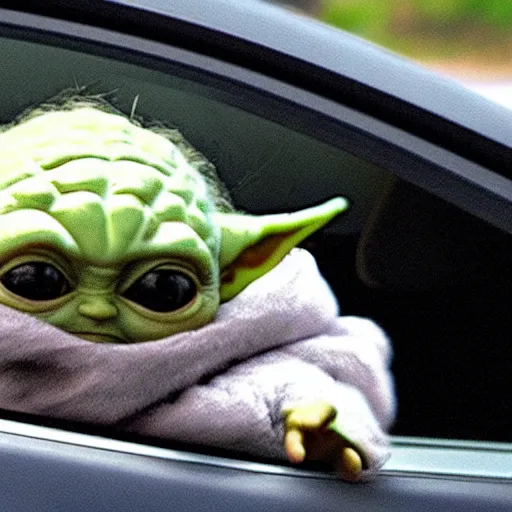 Image similar to screaming baby yoda hanging out of car window at drive thru ordering menu