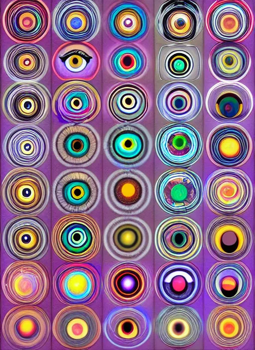 Prompt: diverse eyes!, rotating circle, dot pupils, teams, healing, energetic, life, hybrids, thin glowing devices, reflections, vitals visualiser!!, advanced art, art styles mix, from wikipedia, grid of styles, various eye shapes