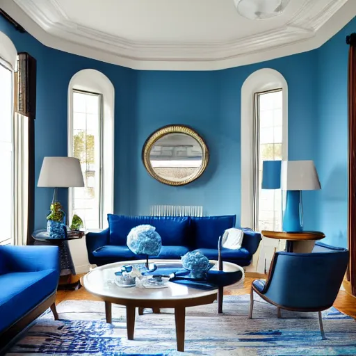 Prompt: a living room with blue tones and a circular window