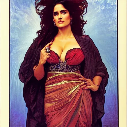 Image similar to salma hayek medium shot portrait by alphonse mucha, perfect proportions, beautiful face, perfect eyes, real life colors, elegant, sharp focus, hyper - realistic, 4 k, highly detailed, hd, dramatic lighting by brom