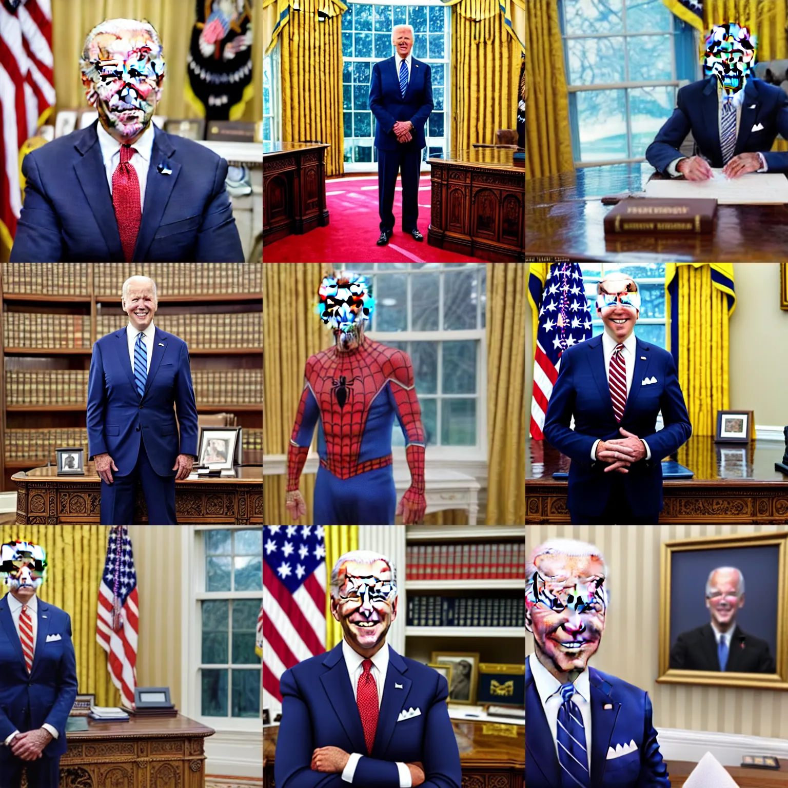 Image similar to professional head shot of joe biden wearing spiderman pajamas and standing in the oval office, very detailed, very intricate, detailed face,