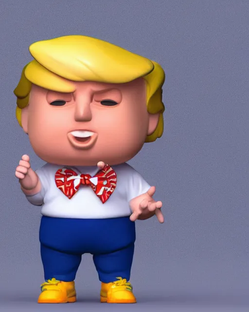 Prompt: full body 3 d render of baby chubby donald trump as a funko pop, studio lighting, white background, blender, trending on artstation, 8 k, highly detailed