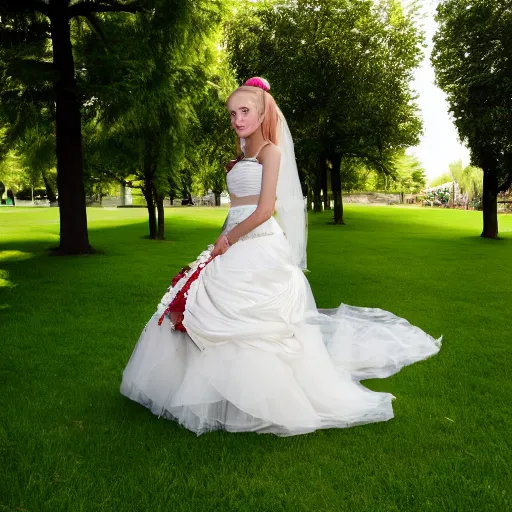 Image similar to a symmetric and beautiful face, professional full length high definition photo of a young blonde woman with twin tails and wedding dress posing in a park