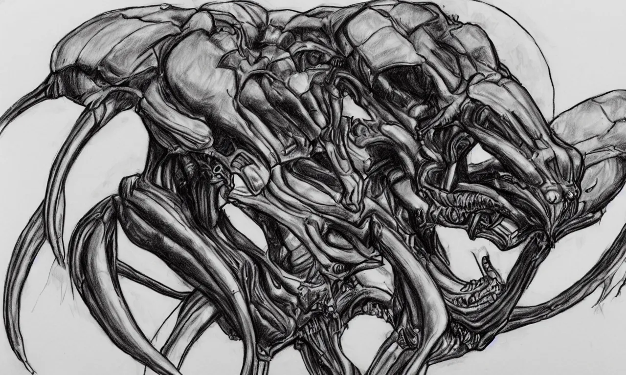 Prompt: a bad distorted rough sketch of one xenomorph drawn by a 4 year old kid
