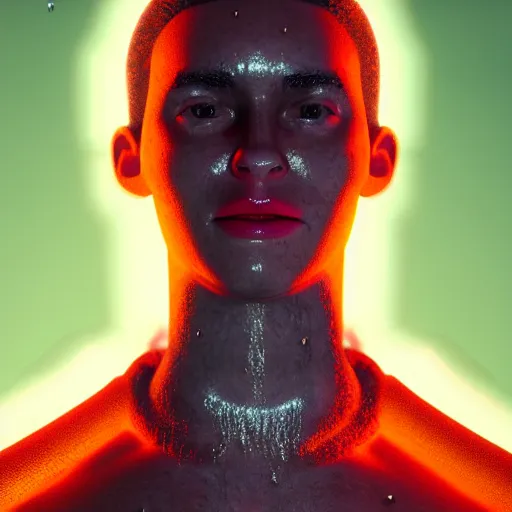 Image similar to a human made out of rain, neon, rendered in octane, unreal engine, highly detailed, realistic, beautiful, emotional