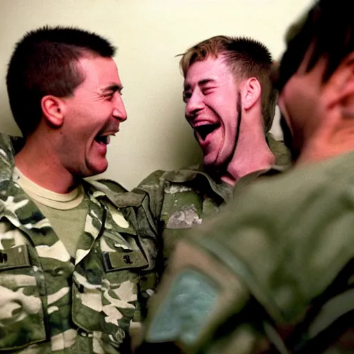 Image similar to a high quality color creepy atmospheric dimly lit extreme closeup film 3 5 mm depth of field photograph of 2 men wearing army fatigues laughing hysterically having casual conversation inside a top secret military base in antarctica in 1 9 8 2