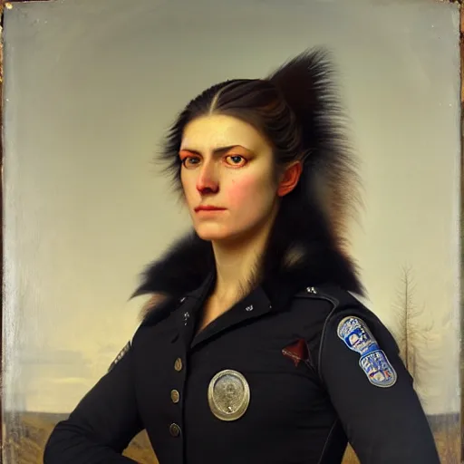 Image similar to a head - and - shoulders portrait of a female wolf wolfwoman wearing a police uniform looking off camera, an american romanticism painting, a portrait painting, cgsociety, soft focus, oil on canvas