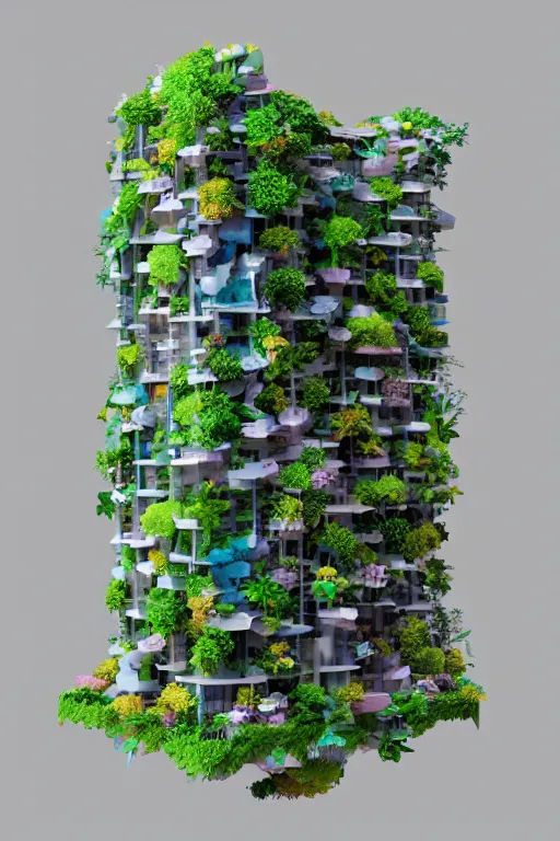 Image similar to 3 d printed physical model organic flowy including more than one city into one vertical building model that sits on a table in a room with a view back, multiple stories, transparent, with vegetation, colorful, eye - level view, 8 0 k, octane render, highly detailed 3 d render,