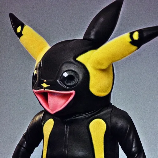 Image similar to close up of pikachu wearing gimp suit, cinematographic shot, by daniel f. gerhartz