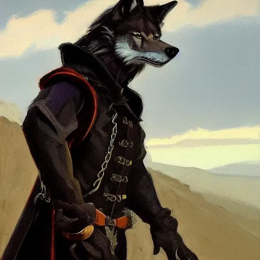 Prompt: an anthropomorphic wolf in a black doublet looking out over the hills, artstation hq, stylized, sharp focus, concept art, furaffinity fursona, furry, anthropomorphic, by gregory manchess and norman rockwell