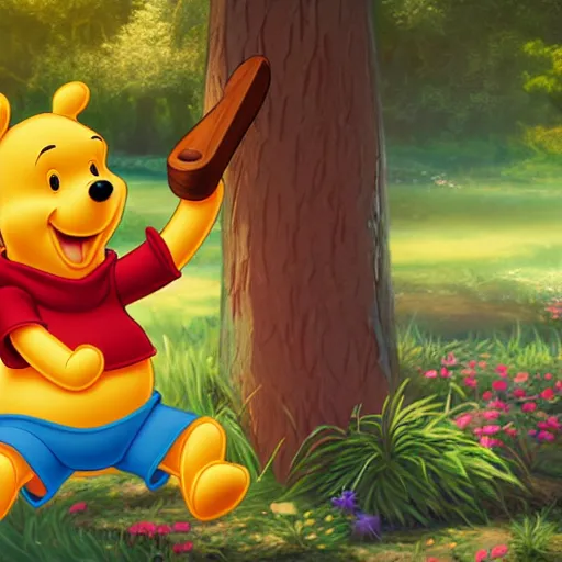 Image similar to Winnie the Pooh holding a giant sword, hd, intricate, Kingdom Hearts, 8k, digital art