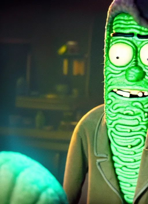 Prompt: camera zooming over in realization studio portrait still of rick sanchez!!!!!!!! as a pickle, cucumber, pickle in the new science fiction movie pickle rick 8 k, studio lighting, key light, 8 5 mm f 1. 8