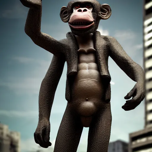 Image similar to Photography of ultra mega super hyper realistic detailed monkey by Hiromasa Ogura wearing cyberpunk style suit . Photo made from 30 meters distance on Leica Q2 Camera, Rendered in VRAY and DaVinci Resolve and MAXWELL and LUMION 3D, Volumetric natural light. Wearing cyberpunk suit with many details by Hiromasa Ogura .Rendered in VRAY and DaVinci Resolve and MAXWELL and LUMION 3D, Volumetric natural light