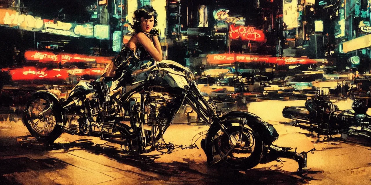 Prompt: pin-up girl with mechanical arm sitting on a chopper by ashley wood and syd mead, street corner, blade runner, 2001 a space odissey, neon lights, night time, bokeh