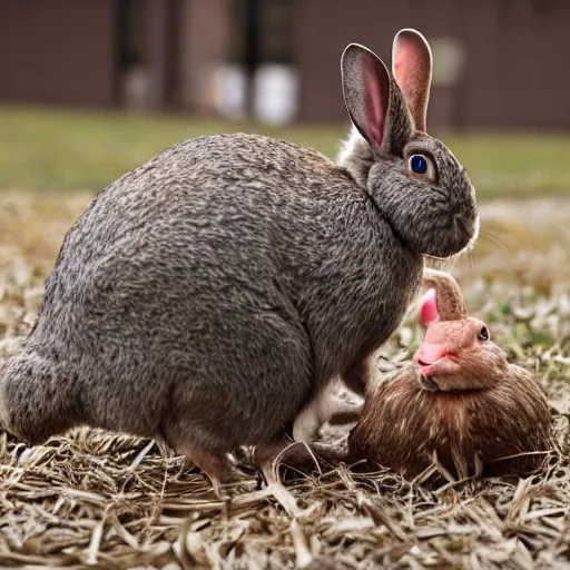 Prompt: an ugly rabbit riding a hen