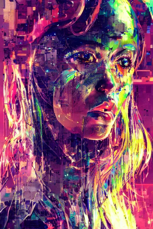 Image similar to portrait, headshot, digital painting, an delightfully mad techno - shaman lady, wink, synthwave, reaction diffusion, glitch, refraction, fracture, realistic, hyperdetailed, chiaroscuro, concept art, art by john berkey