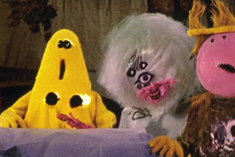 Image similar to a color still from a weird 1972 kids tv show where a sad cheese puppet and a furry ghost have a tickle party with death tent