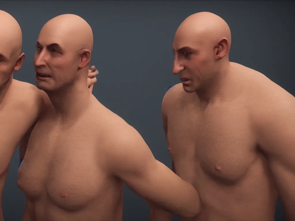 Prompt: a hyperrealistic portrait of two bald men touching nipples, unreal engine 8k