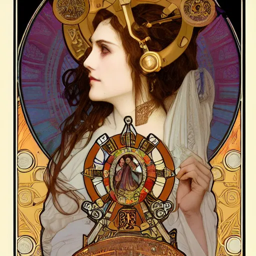 Prompt: the priestess of tarot by alphonse maria mucha, steampunk, 8 k, - h 1 0 8 0