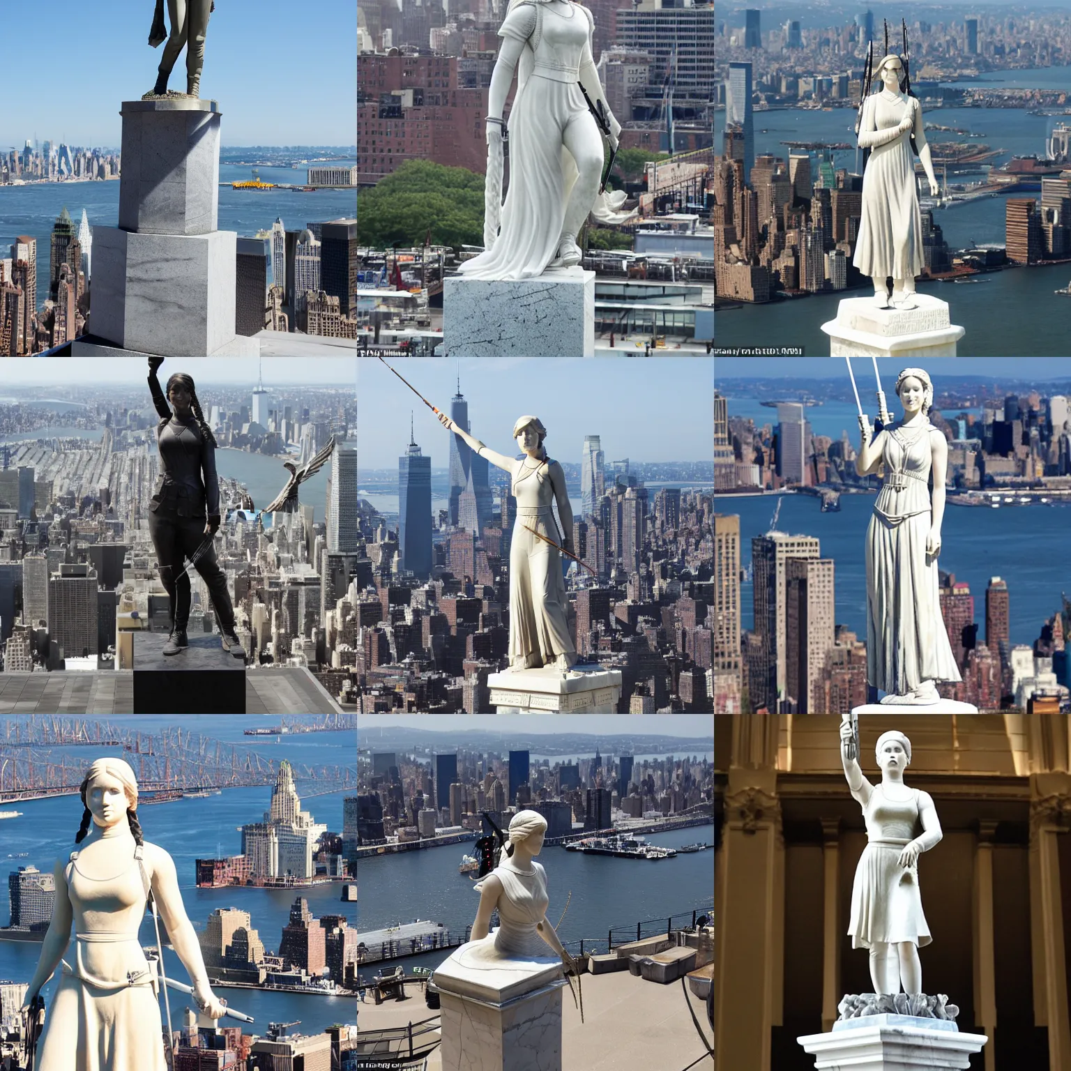 Prompt: the marble statue of katniss everdeen stands atop a large plinth with new york harbour below