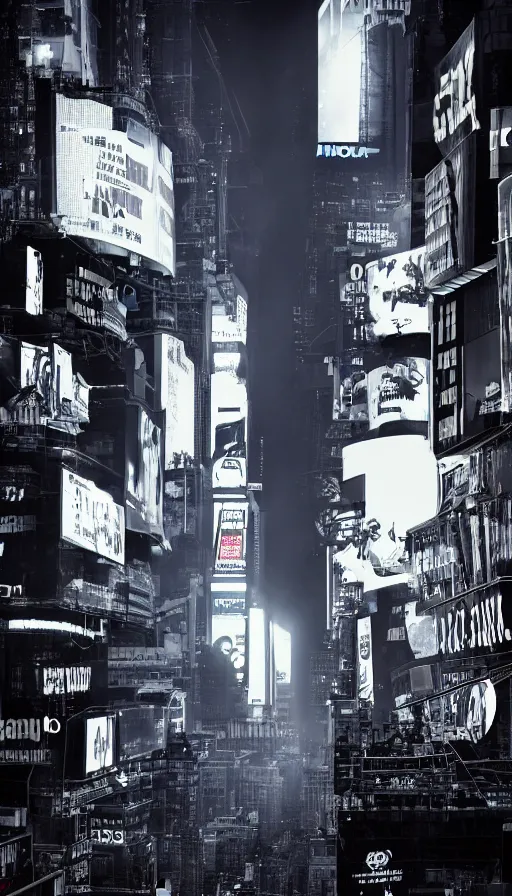 Image similar to 8k high resolution photograph of cyber punk New York Times Square on a foggy night, futuristic, wires hanging