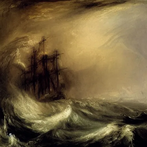 Prompt: giant kraken monster with huge tentacles entangled with sinking frigate in the waves of a stormy ocean, by jmw turner