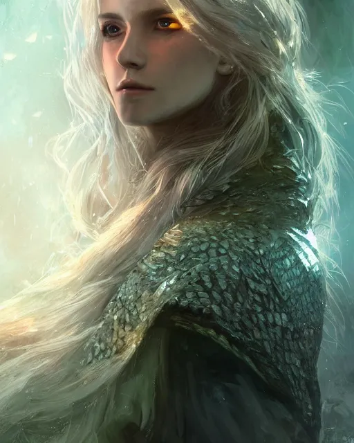 Image similar to cinematic side portrait blonde girl, adventurer outfit large cloak, fantasy forest landscape, dragon scales in hair, fantasy magic, long wavy blonde hair, dark light night, intricate, sharp focus, lens flare, bloom, rim light, illustration, highly detailed, digital painting, concept art, matte, art by ruan jia