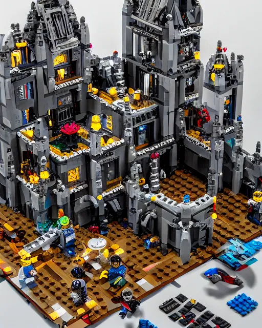 Prompt: a high quality photograph of an intricate complex lego set of a realistic cyberpunk castle