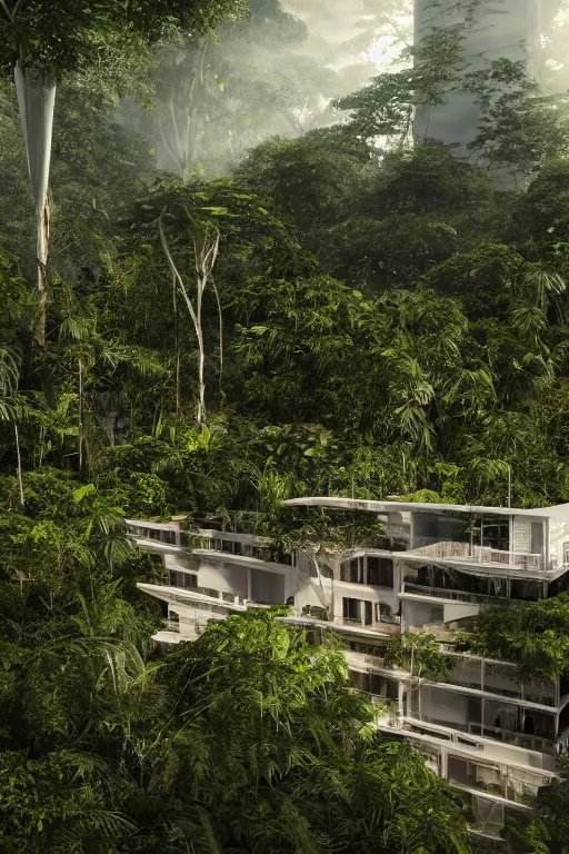 Prompt: architecture inspired by renzo piano deep in the rainforest. nature is taking over. metabolism. matte painting. octane render. hdr. volumetric lighting. global illumination. atmospheric.