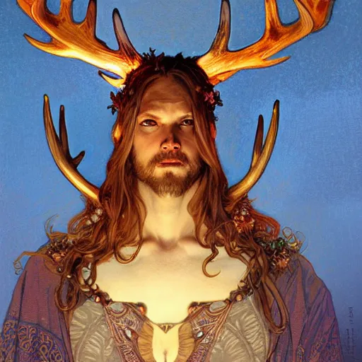 Image similar to haughty Viking fae god with shining eyes and antlers, by Greg Rutkowski, Alphonse Mucha, and Brom