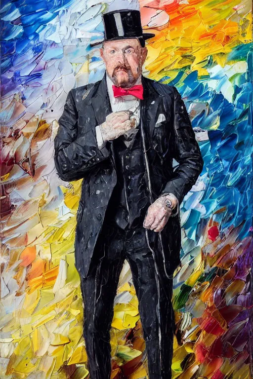 Image similar to palette knife oil painting portrait of graham, a fellow in a three - piece suit and single monocle covering his right eye, peering over from his heavy, lacquered oak reception desk, extreme detail, artstation trending, artgerm, any racial background, deviant art, octane, substance, art history 8 k