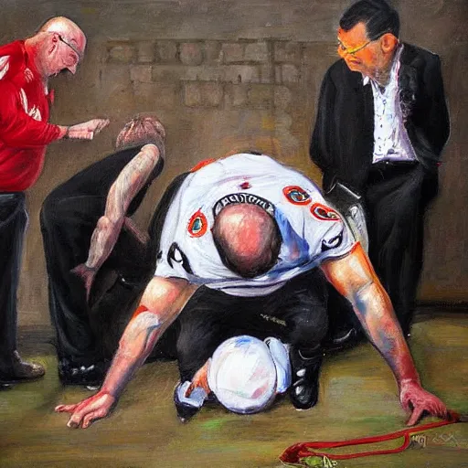 Image similar to a detailed painting of joel glazer being punished