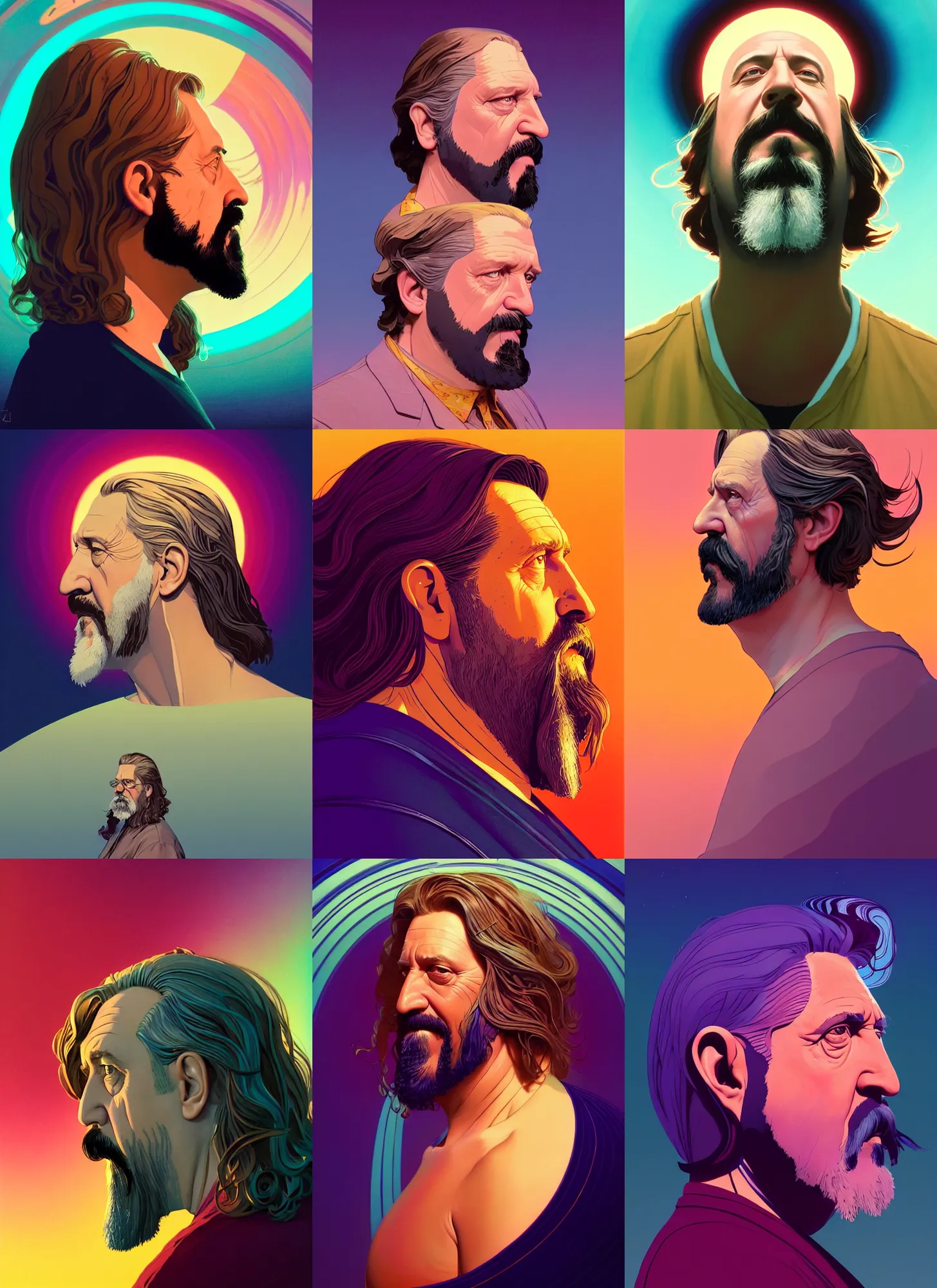 Prompt: side profile centered painted portrait, the dude from the big Lebowski with a halo around his head, matte painting concept art, art nouveau, beautifully backlit, swirly vibrant color lines, fantastically gaudy, aesthetic octane render, 8K HD Resolution, by Victo Ngai and Kilian Eng and ilya kuvshinov and Cushart Krentz and Gilleard James