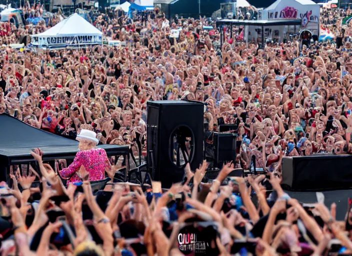 Image similar to photo still of queen elizabeth on stage at vans warped tour!!!!!!!! at age 7 0 years old 7 0 years of age!!!!!!! stage diving into the crowd, 8 k, 8 5 mm f 1. 8, studio lighting, rim light, right side key light