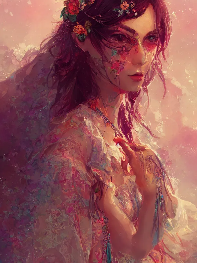 Image similar to a beautiful bohemian girl, intricate, highly detailed, digital painting, Pixiv, Artstation, official media, anime key visual, concept art, rich vivid colors, ambient lighting, sharp focus, illustration, art by WLOP