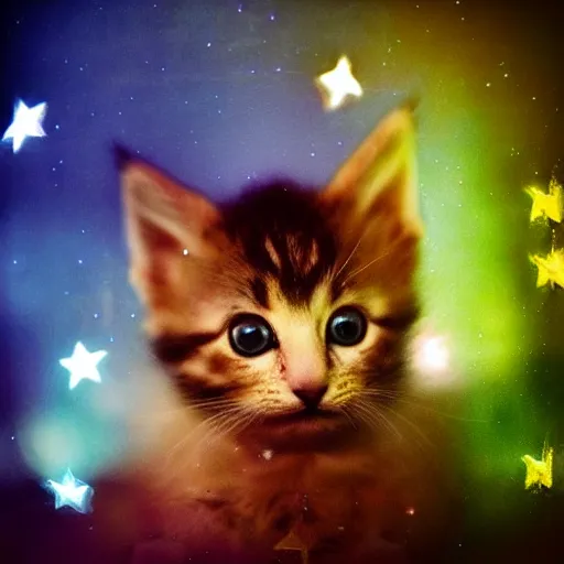 Image similar to !dream Photo of a cute extremely fluffy kitten playing with light double exposed with stars. Light painting. Bokeh. Whimsical. Magical.