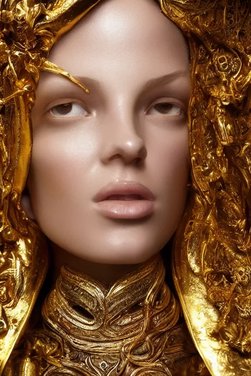 Image similar to sculpture made of gold, portrait, future, shaman, gold, close up, harper's bazaar, vogue, magazine, concept art, ornate, luxury, elite, elegant, trending on artstation, by ruan jia, by Kenneth Willardt, by ross tran, by WLOP, by Andrei Riabovitchev,