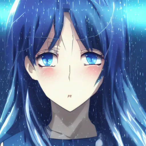 Image similar to key anime visual of a girl with glowing blue eyes; rain falling; close up shot; trending on Pixiv