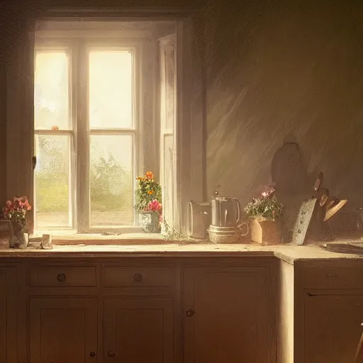 Prompt: a beautiful picture of a kitchen in a english cottage, sunset lights by the window, art by greg rutkowski and alfred edward emslie trending on artstation