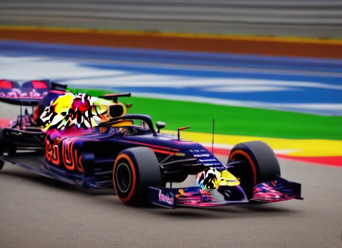 Prompt: live action photo of the 2 0 2 1 f 1 redbull car,, 8 k, hdr, sports photography