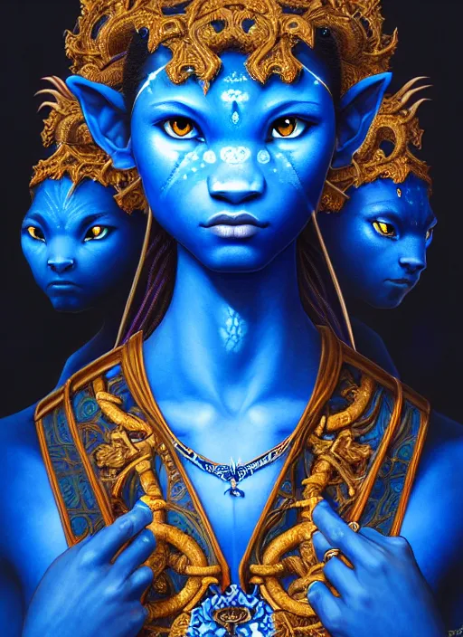 Prompt: : blue avatar, fantasy magic,, intricate, sharp focus, illustration, highly detailed, digital painting, concept art, jahbu art and paul lewin and kehinde wiley, masterpiece