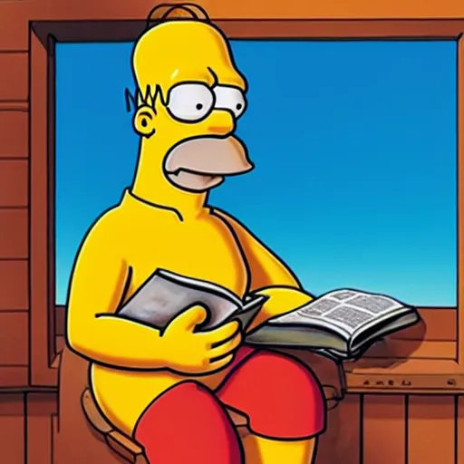 Prompt: realistic photo of Homer Simpson sitting in a sauna, reading Mikrobitti magazine