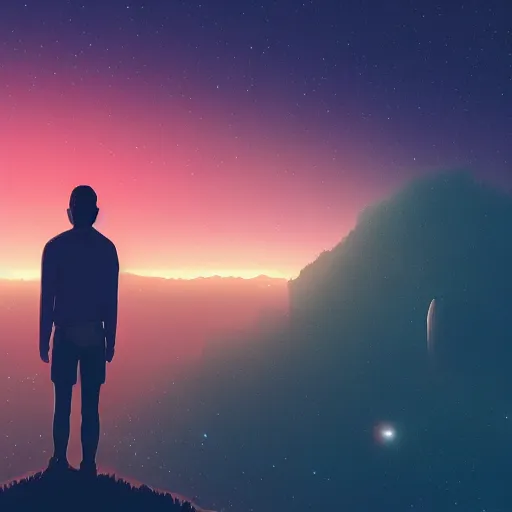 Prompt: a man standing on a cliff looking at the stars in the sky, a matte painting by alena aenami, unsplash, space art, outrun, synthwave, retrowave