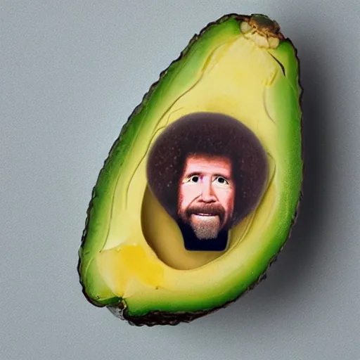 Image similar to bob ross as an embryo inside an avocado