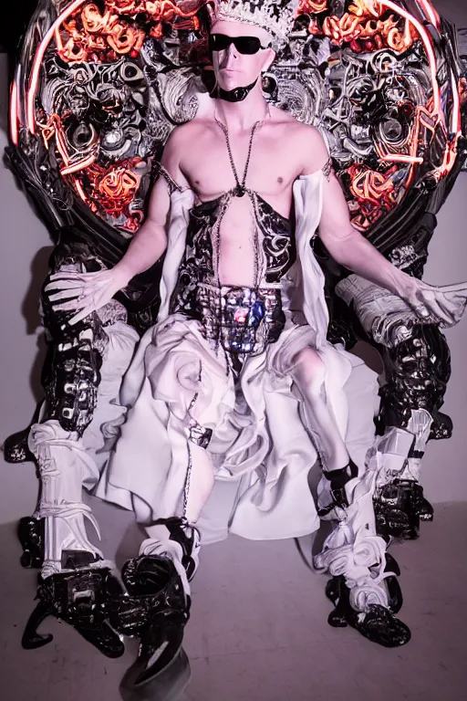 Image similar to full-body rococo and cyberpunk style neon statue of a young attractive Tanner Buchanan wearing cholo shades macho android sim roupa reclining con las piernas abertas, glowing white lasers, glowing eyes, white prince crown, black gears, diamonds, swirling mint-colored silk fabric. futuristic elements. full-length view. human skulls. large intricate artwork by caravaggio. Trending on artstation, octane render, cinematic lighting from the right, hyper realism, octane render, 8k, depth of field, 3D