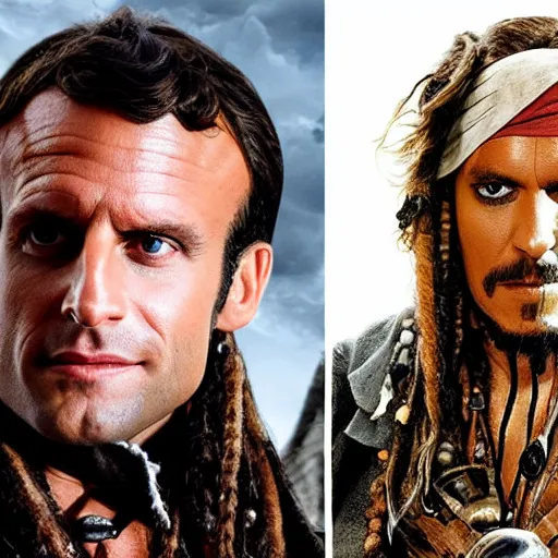 Image similar to photo of emmanuel macron in pirates of the caribbean movie, full body shot, sharp focus, award - winning