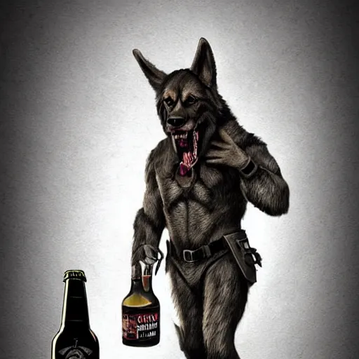 Image similar to a humanoid german shepherd beast - man in military style, holding a bottle of beer, artstation, concept art, smooth, sharp foccus ilustration, artstation