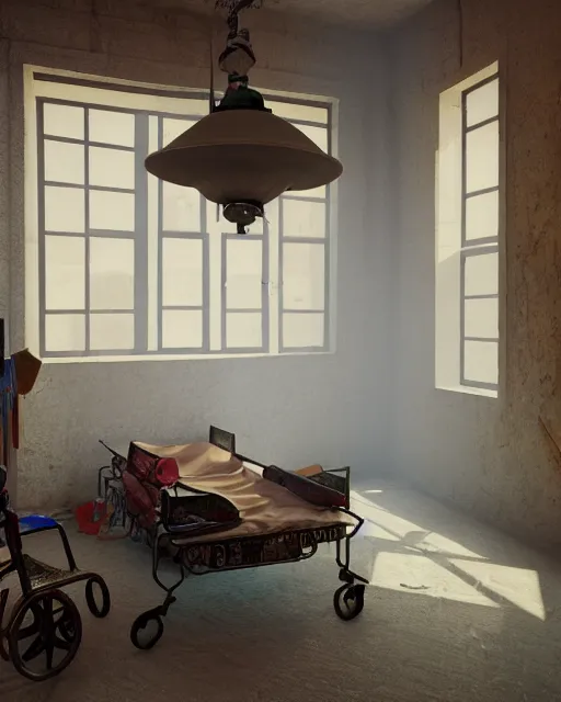 Image similar to artstation scifi scene a chinese village old ward, one ceiling fan, wheelchair, crutches, bed, dust, paneled walls, window, summer unreal engine 5, hyper realism, realistic shading, cinematic composition, blender render, octane render, hdr, detailed textures, photorealistic, wide shot