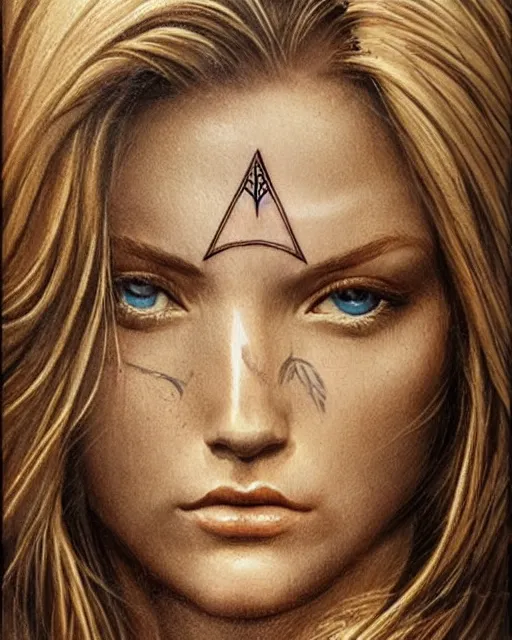 Image similar to tattoo sketch of beautiful greek goddess aphrodite with arrowhead earrings, beautiful piercing eyes, flowing blonde hair, realistic face, hyper realistic, in the style of greg rutkowski, fantasy, amazing detail, epic, intricate, elegant, smooth, sharp focus