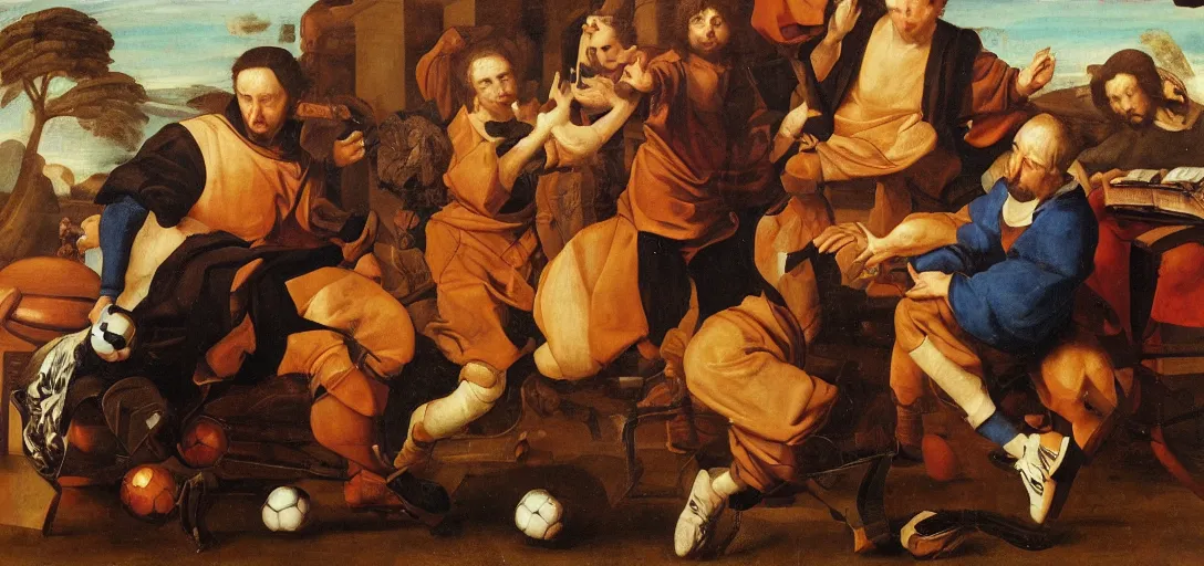 Prompt: Renaissance oil portrait of men inventing a soccer ball, one man is eating the ball, high-quality realistic oil painting with detailed strokes, robed Renaissance scholar,